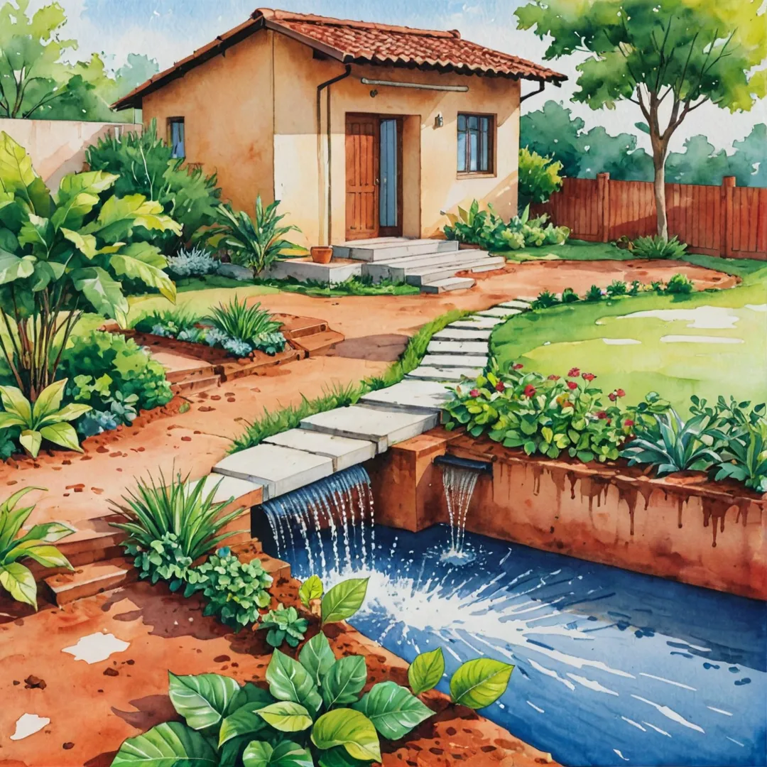 ater management, sustainable community, green initiatives, rainwater harvesting, natural drainage, groundwater recharge, red soil landscaping, eco-friendly housing, flourishing vegetation, recycling systems, urban farming, environmentally conscious development