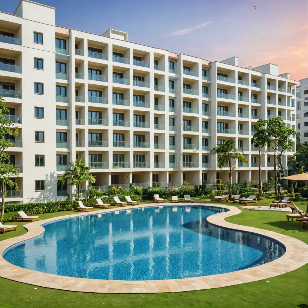 unset view, luxurious apartment complex, modern architecture, Bangalore East skyline, lush greenery, swimming pool, gym, yoga studio, clubhouse, party area, children's playground, 5-star amenities, secure environment, high-end living, investment opportunity