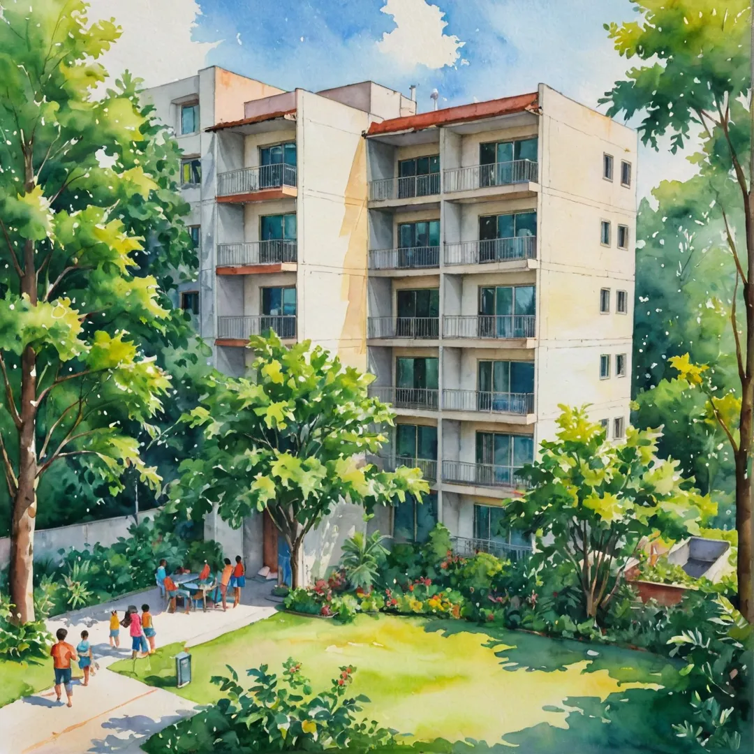 ter color painting of a vibrant apartment building surrounded by lush greenery, kids playing in the foreground with their parents working nearby at a shared workspace, schools visible in the distance, bright sunlight filtering through trees, peaceful atmosphere