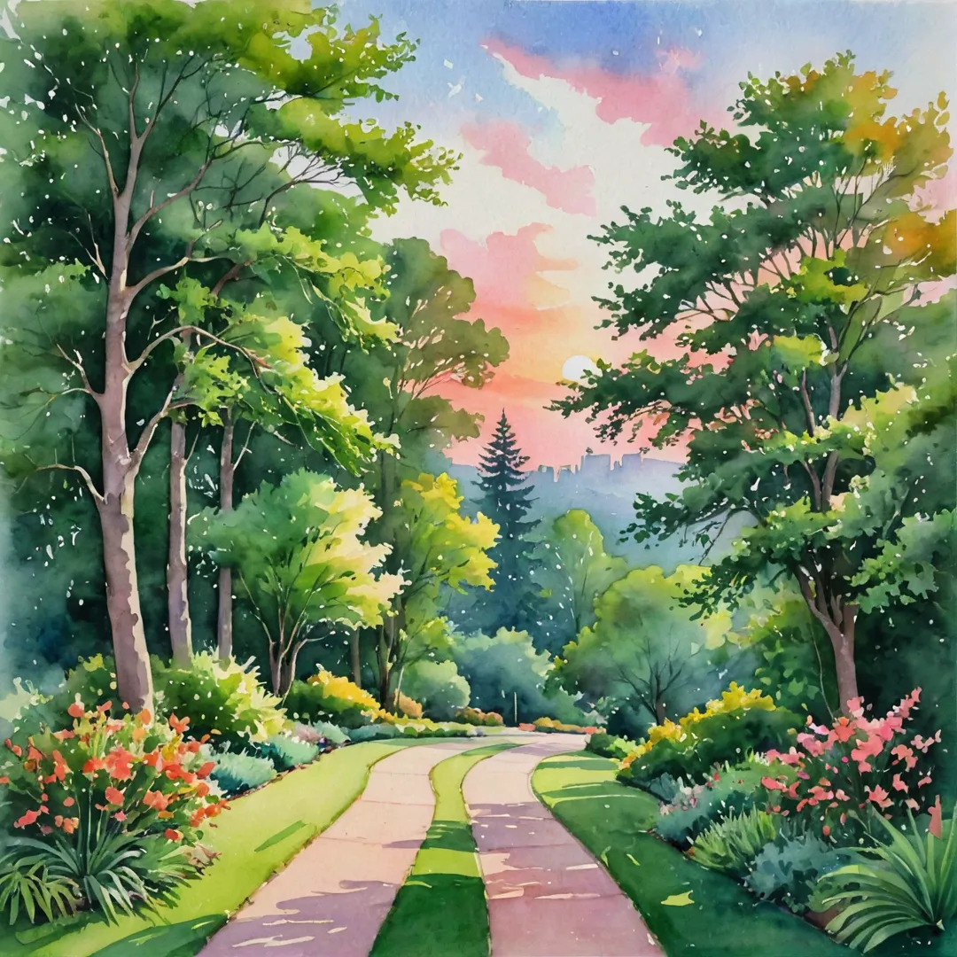 atercolor painting of a serene and vibrant green landscape, featuring lush trees, sprawling lawns, and winding pathways, with a hint of modern architectural structures peeking through the foliage, creating a harmonious balance between nature and urban living. The sky is painted in warm shades of orange and pink, reflecting the setting sun, casting long shadows across the scene.