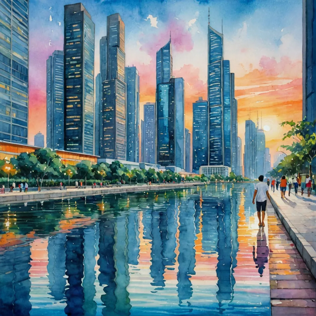 odern cityscape at dusk, with tall buildings and skyscrapers, reflecting vibrant colors on the water body below. In the foreground, a family is seen enjoying a stroll along a pedestrian pathway. The image captures the essence of urban living, infrastructure development, and community harmony.