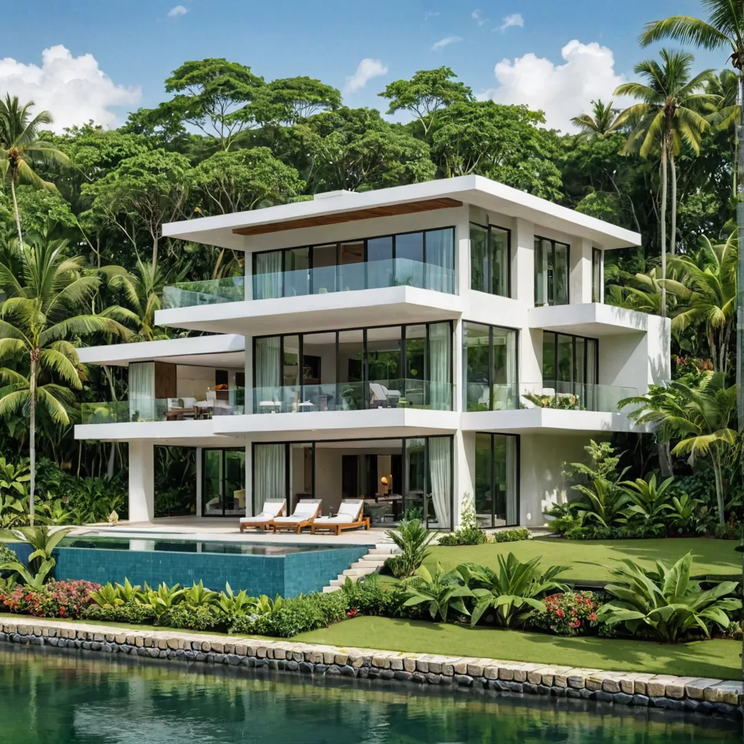 etailed render of a luxurious villa, Alita, nestled amidst lush greenery and serene waterscapes. The modern architecture seamlessly blends with nature, showcasing sleek lines and large windows that flood the interior with natural light. The property is surrounded by pristine landscaping and manicured gardens, creating an aura of tranquility and elegance.