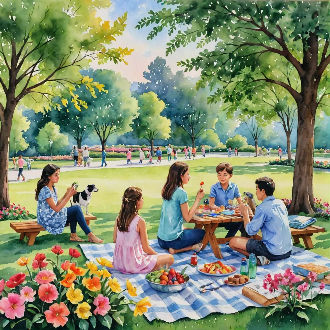 atercolor painting of a family picnicking in a beautiful park, surrounded by lush greenery and colorful flowers. The sky is painted with soft pastel colors of sunset, creating a serene and peaceful atmosphere. The family members are engaged in various activities; some are playing fetch with their dog, while others are sharing a meal on a cozy blanket. A nearby playground can be seen filled with children playing happily. The park benches and tables are adorned with vibrant floral centerpieces, adding to the overall charm of the scene.