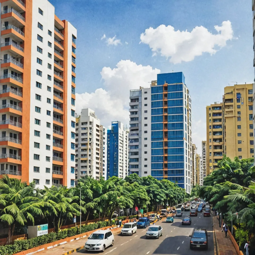 odern residential buildings in East Bangalore, India. Vibrant and bustling urban landscape with tall skyscrapers, well-maintained roads, and a network of public transportation. The area is known for its IT hubs, business parks, and shopping malls, attracting professionals from all over the world.