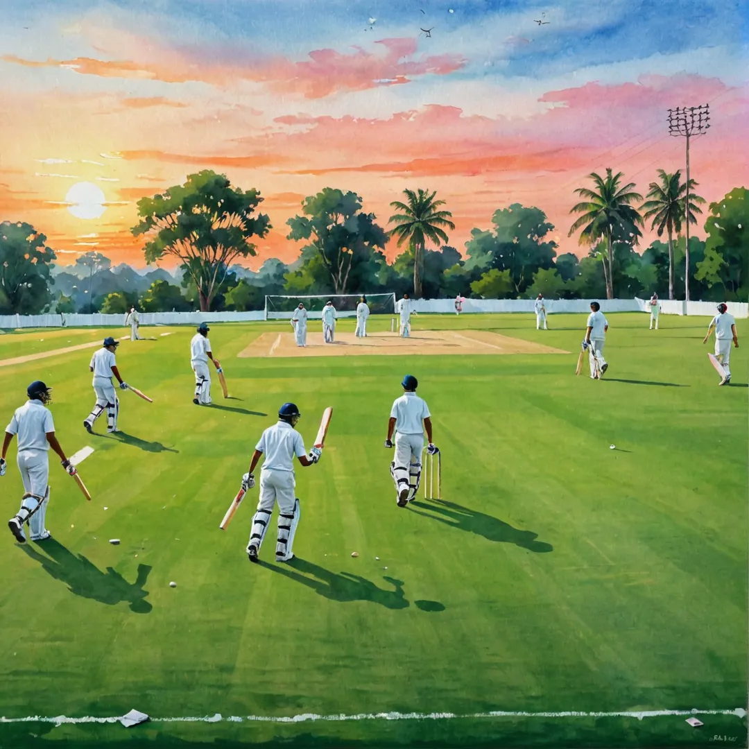 hoto of a cricket pitch, perfectly manicured grass, clear sky, sunset hues, young players in action