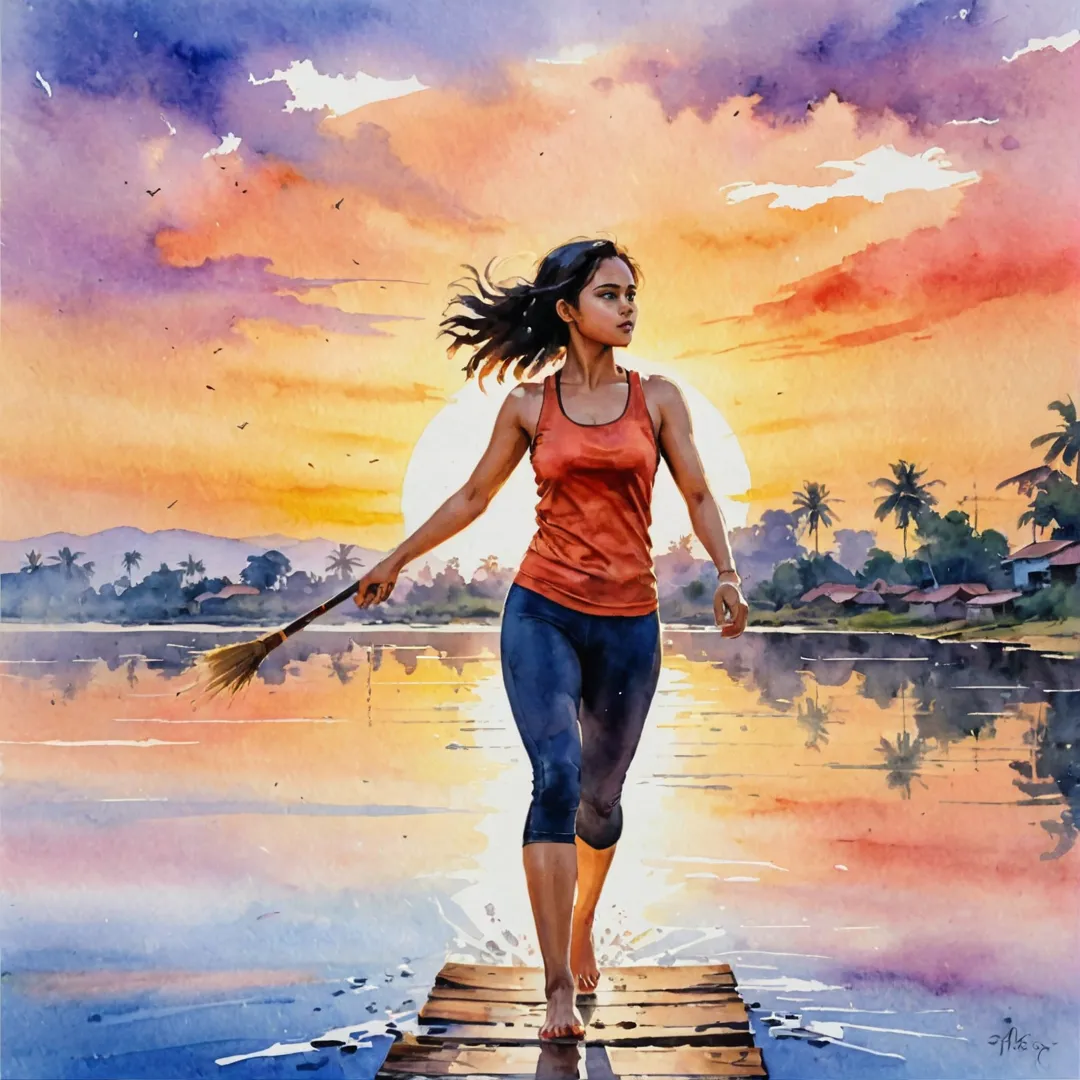 ibrant sunset, Alita community, residents exercising, watercolor painting style