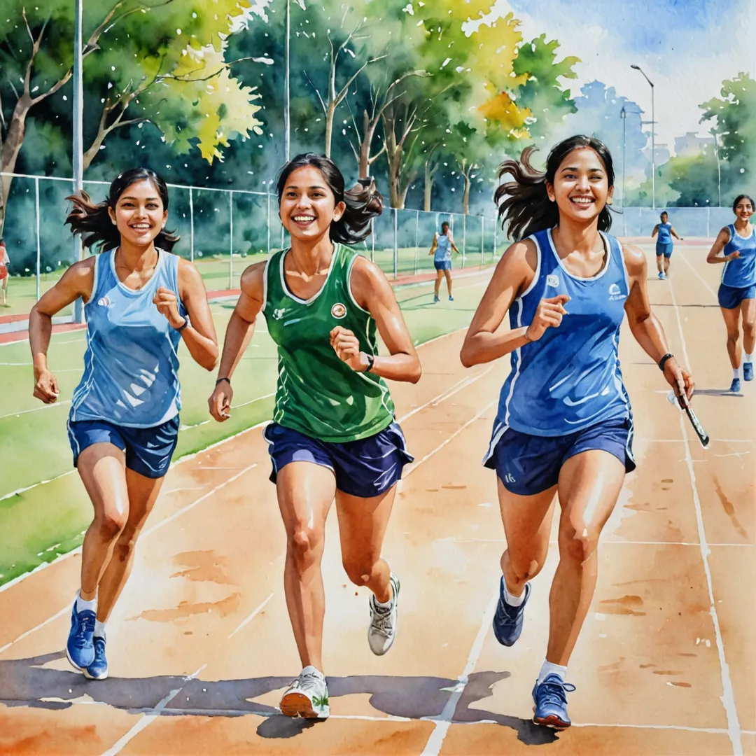 appiness, joy, unity, friendship, teamwork, sports, badminton, basketball, cricket, running track, multi-purpose ground, Bangalore East, healthy lifestyle, watercolor painting.