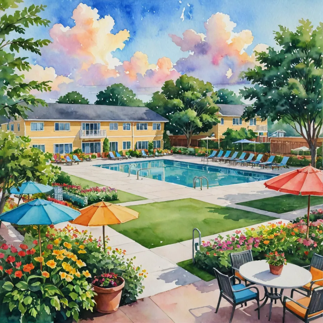 atercolor painting of a vibrant neighborhood with colorful buildings, greenery, and people walking or cycling along tree-lined streets. The focal point is an open area with a large clubhouse in the background, featuring a swimming pool, badminton courts, and shared workspace lounge. In the foreground, there are tables and chairs arranged under colorful umbrellas, surrounded by potted plants and flowers. The sky above is filled with clouds, reflecting the warm colors of the setting sun.