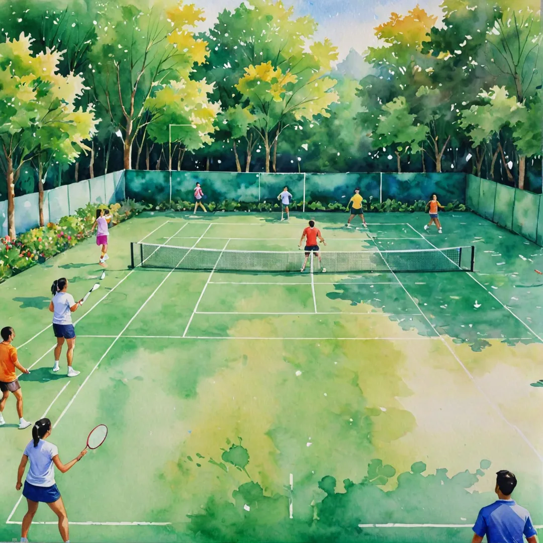 atercolor painting of a vibrant badminton court with colorful shuttlecocks in the air, capturing the essence of competition and camaraderie. The scene features players from different generations interacting while wearing comfortable sportswear, emphasizing diversity and inclusivity. The background showcases lush greenery that adds depth to the image, representing Alita's commitment to sustainability and natural beauty.