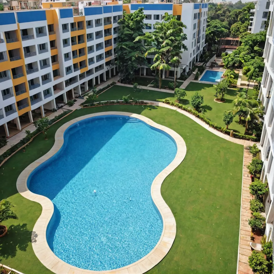 ibrant, modern housing complex near Satellite Town Ring Road, Bangalore East, with lush greenery and open spaces, showcasing sleek architecture and state-of-the-art amenities like swimming pools, gyms, and clubhouses. The area is bustling with activity as residents enjoy easy access to IT hubs like Whitefield and Electronic City while also being surrounded by parks, shopping centers, and schools.