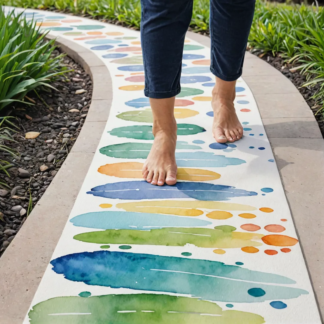 erson walking on a reflexology path, Alita community background, calming environment, natural elements integrated, pressure point stimulation, leisurely stroll, wellness promotion