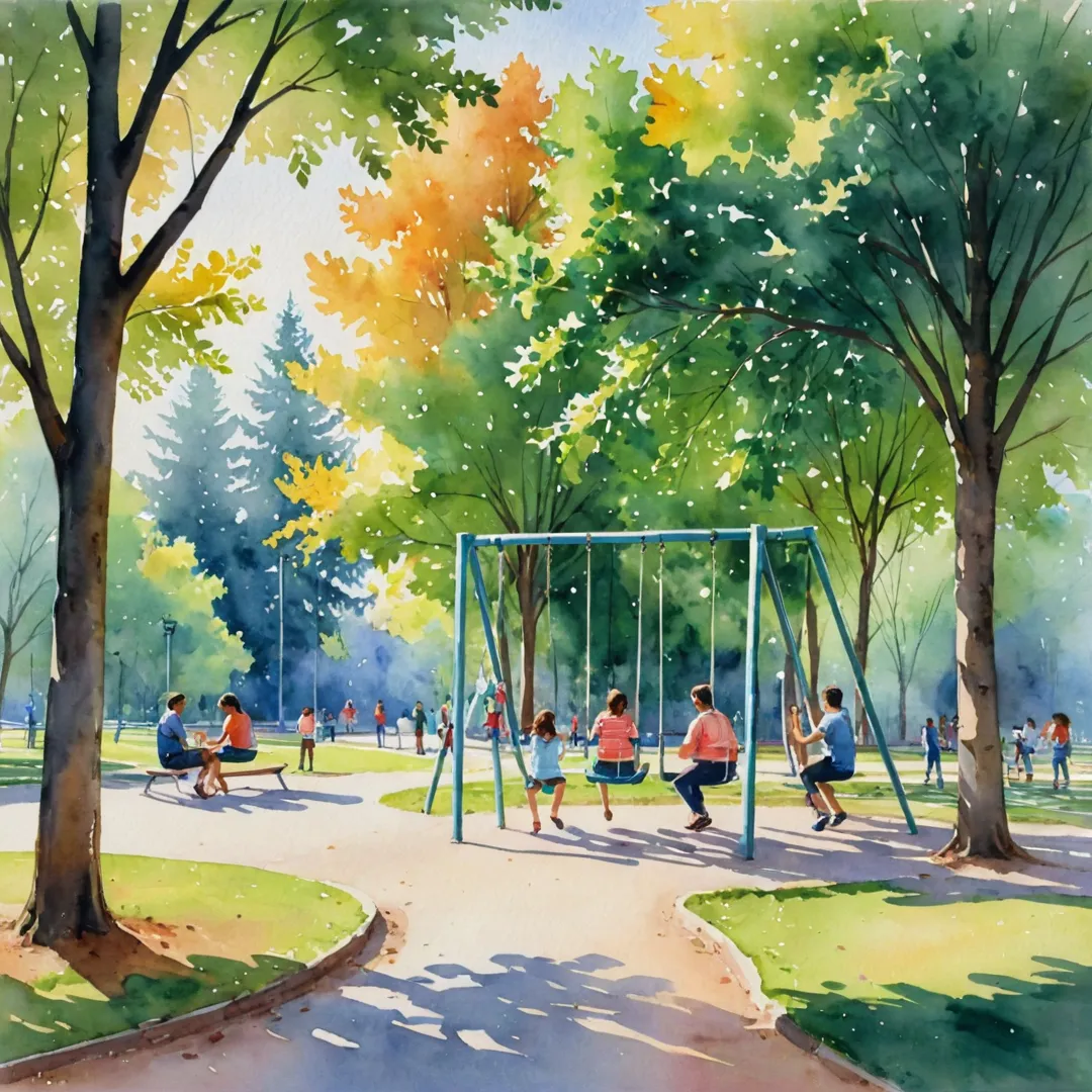 ater color painting of a family enjoying an outing at the park, children playing on swings and slides while parents sit on benches, warm sunlight filtering through trees, bright colors, serene atmosphere