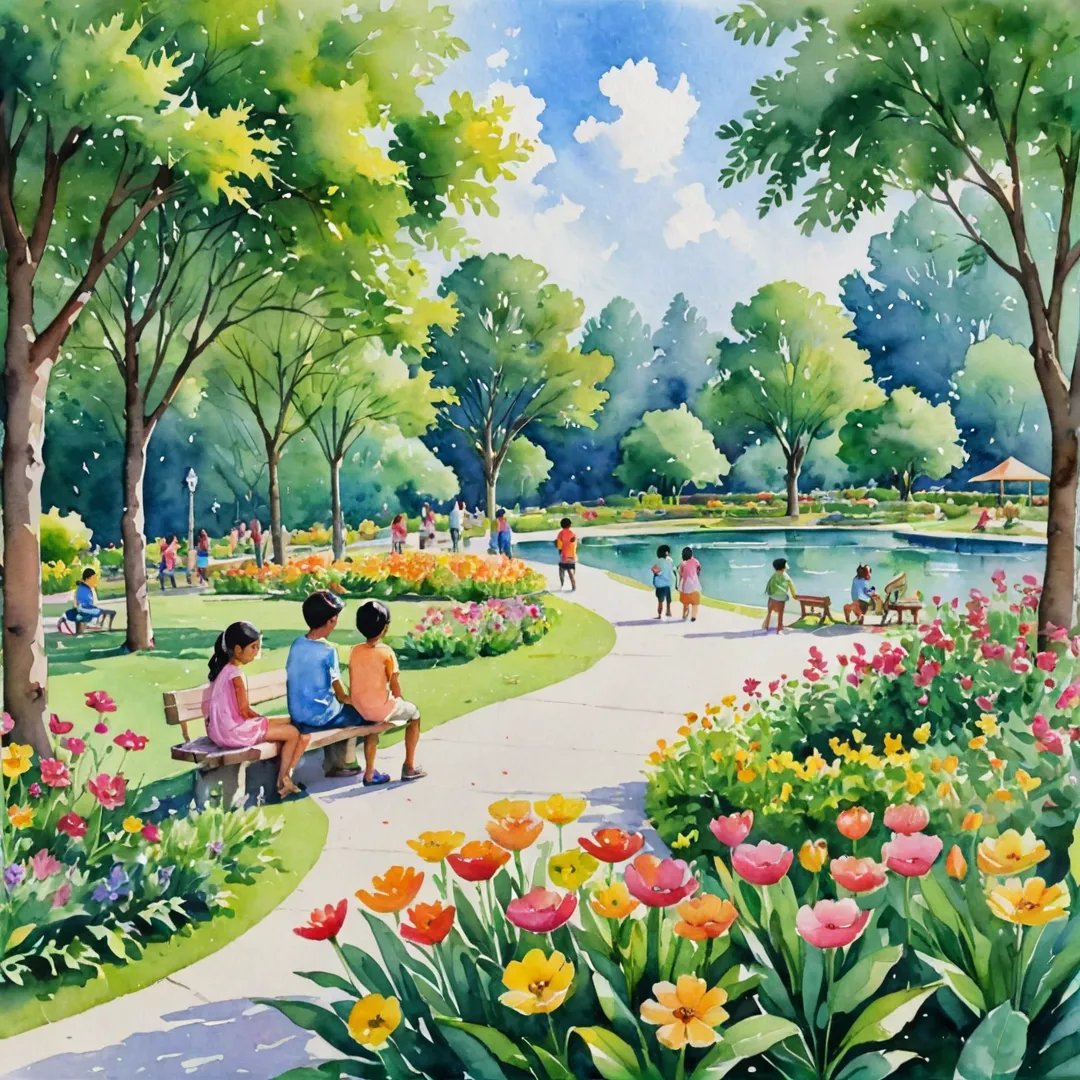 hildren playing in watercolor park, surrounded by lush greenery, colorful flowers, vibrant colors, happy faces, parents watching from nearby benches, tranquil environment, serene atmosphere