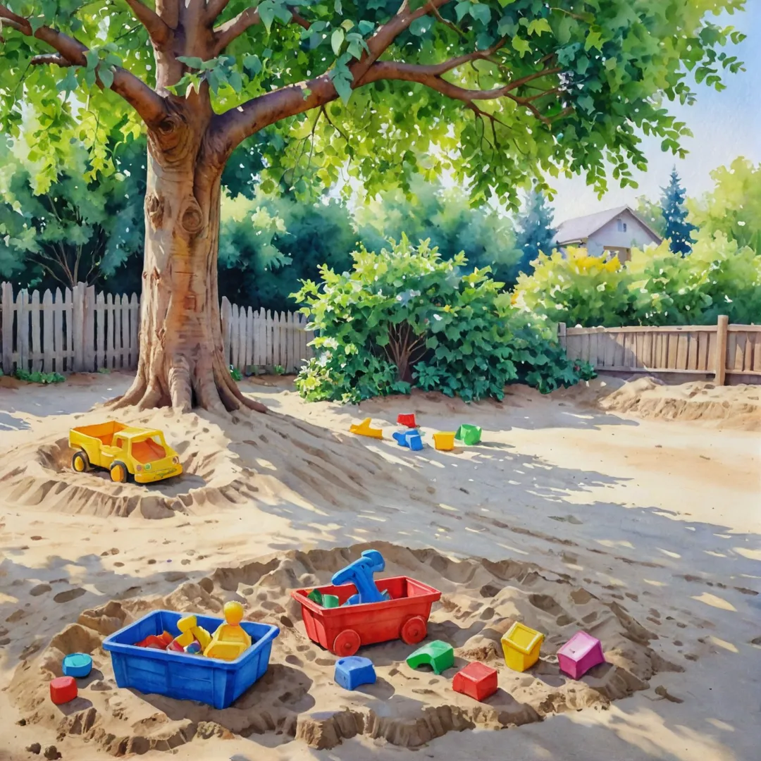 brant sandpit, colorful toys and greenery, under the shade of a large tree. watercolor painting
