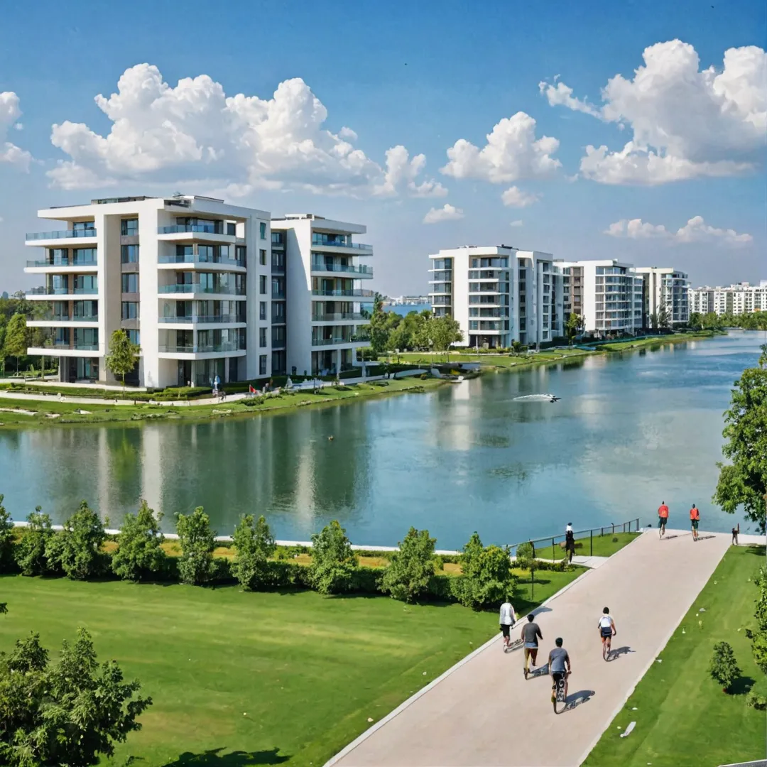 igh-quality image of a modern, luxurious residential building with spacious apartments and greenery around it. The building should be situated in an affluent area, possibly overlooking a lake or park. In the foreground, there are people enjoying various outdoor activities such as jogging, cycling, or playing fetch with their dogs. The sky is clear blue, suggesting a pleasant weather. The overall atmosphere should convey a sense of tranquility and prosperity.