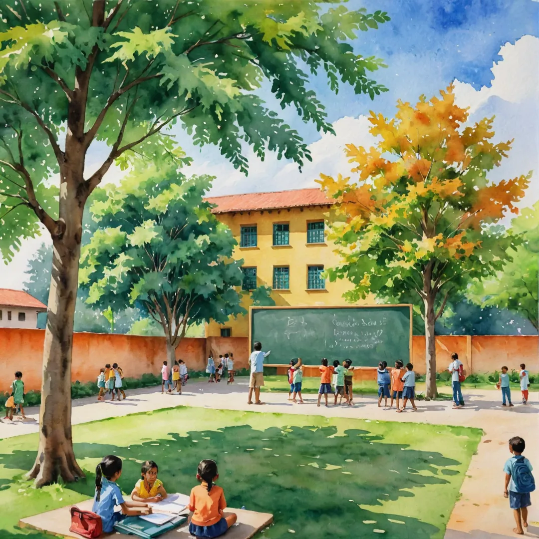 atercolor painting of a lush green schoolyard, with children playing happily under the shade of trees. A group of kids are gathered around a chalkboard, learning together while their teachers observe from a distance. In the background, we can see the buildings of a top-notch educational institution with well-maintained infrastructure. The sky is painted in warm hues of orange and yellow, representing a sunny day in Bangalore East.