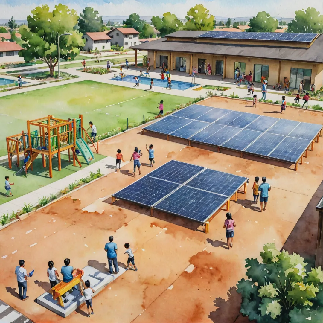 ater color painting of a family enjoying the community center at Alita, with children playing on age-appropriate play equipment while parents socialize nearby. The scene showcases sustainable design elements like solar panels and rainwater harvesting systems in the background, creating an environmentally friendly atmosphere.