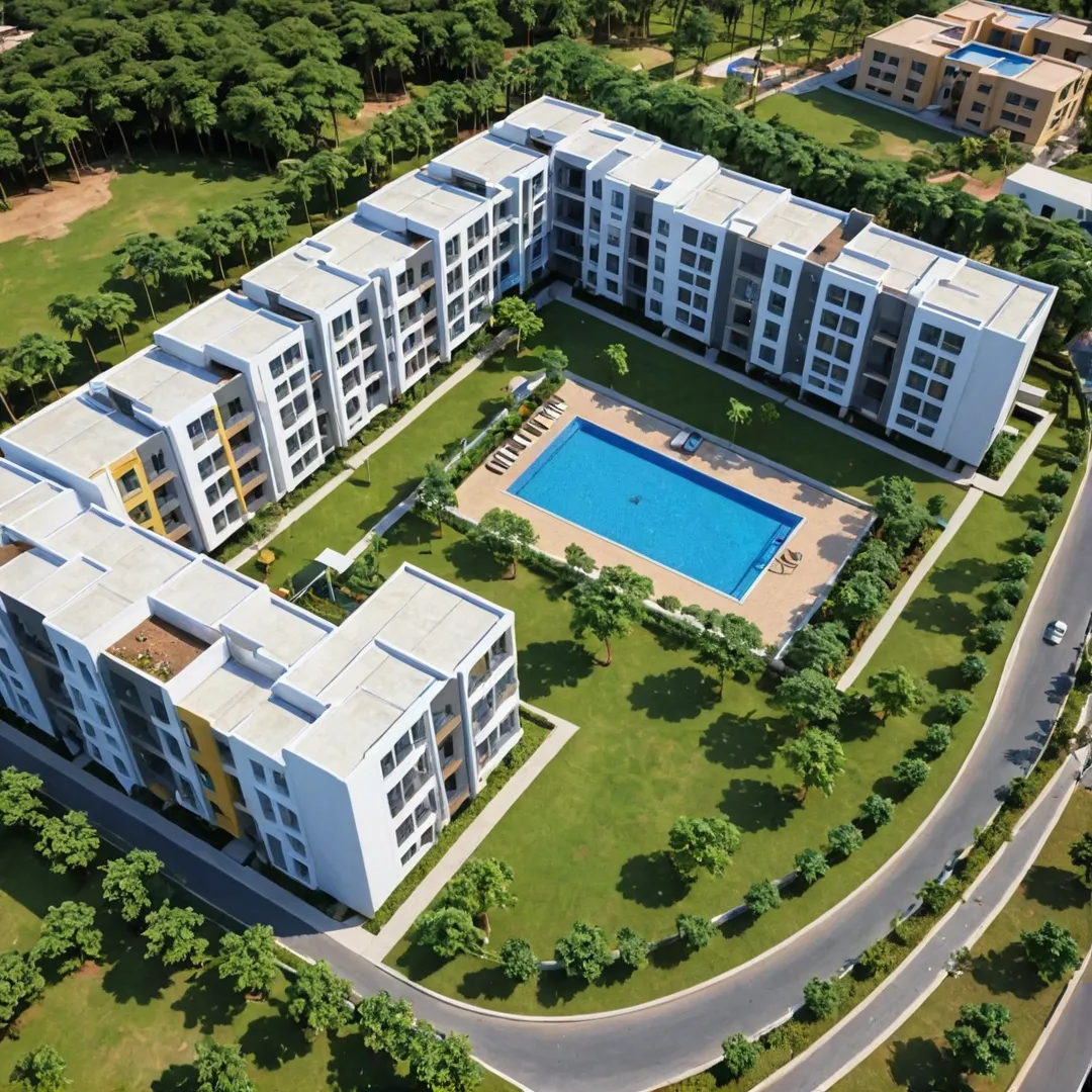 odern, luxurious, apartment complex, Bangalore, India, East Bangalore, Soukya Road, Whitefield, IT parks, industries, open spaces, swimming pool, badminton courts, clubhouse, well-connected, highways, roads, greenery, nature, comfort, convenience, lifestyle, professionals, living, 3D rendering, aerial view, bird's eye perspective, buildings, landscaping