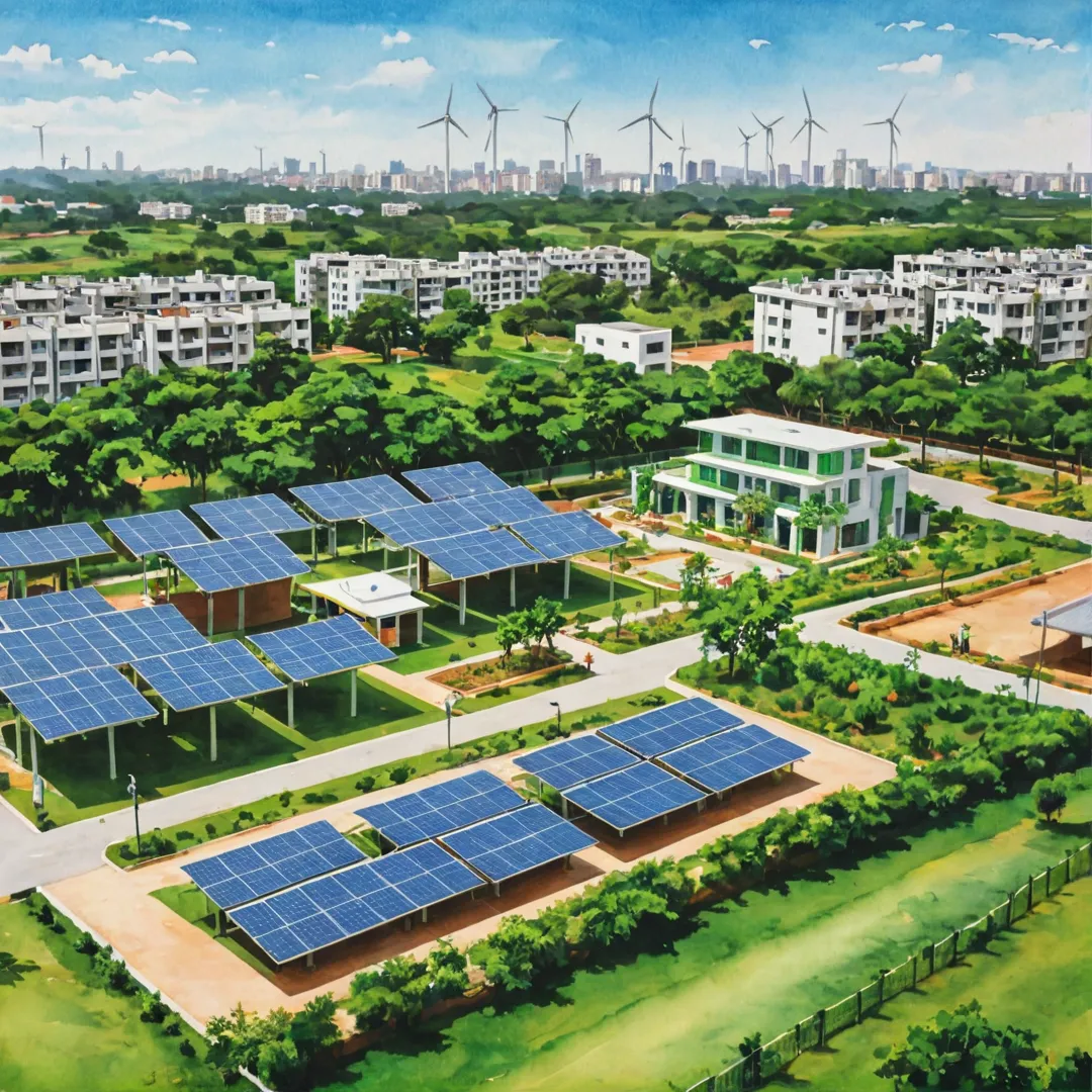 co-friendly community, sustainable living spaces, open green areas, Bangalore East skyline, solar panels on roofs, wind turbines in background, recycling bins around, electric cars charging stations, residents enjoying outdoor activities, healthy living lifestyle.