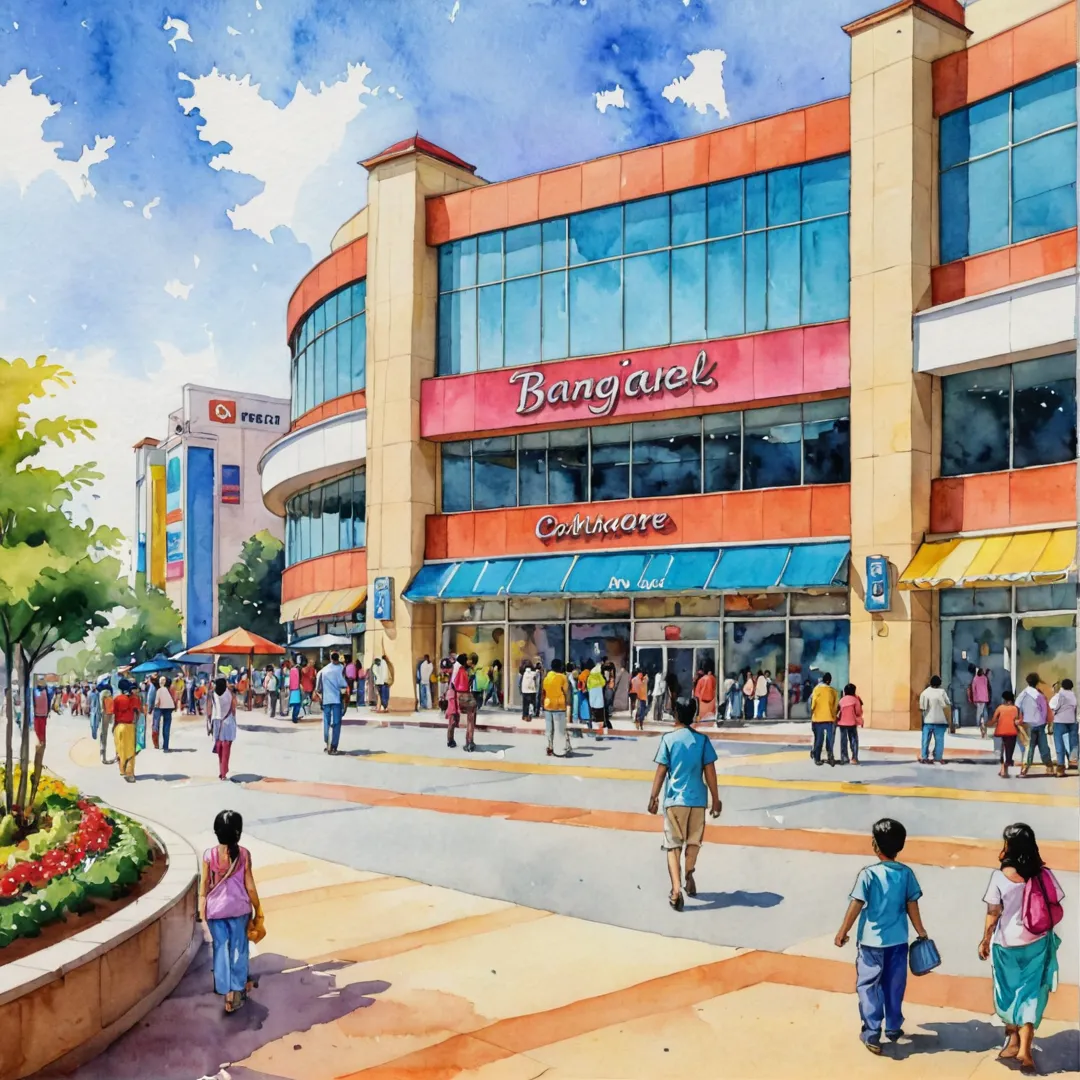 hopping mall entrance, vibrant colors, bustling crowd, diverse stores, entertainment options, movie theater, food court, amusement park rides, children playing, parents relaxing, Bangalore skyline, modern architecture.