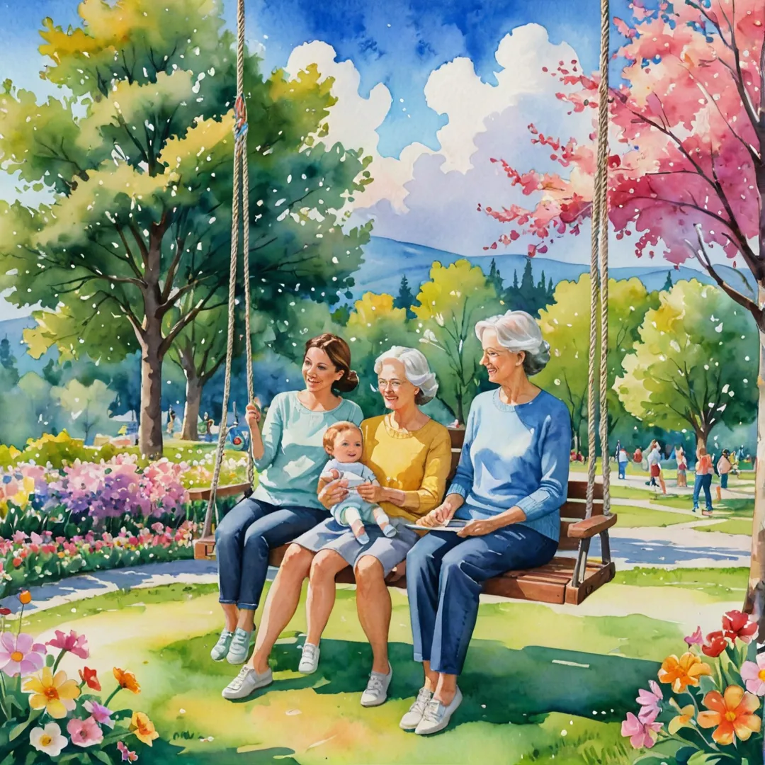 mily enjoying an outing in a colorful park near Alita, surrounded by blooming flowers and greenery. Happy children playing on swings and slides, while parents watch them affectionately. A grandmother sitting on a bench, knitting and keeping an eye on the young ones. The sky is painted with watercolor clouds, casting a warm and inviting light over the scene.