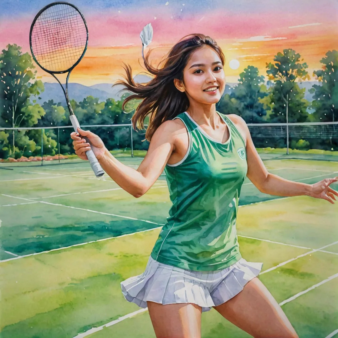 ibrant watercolor painting of a young woman playing badminton, her racket swinging through the air as she effortlessly smashes the shuttlecock towards the court's backdrop - a beautiful sunset over lush green fields. The scene exudes joy and active lifestyle, with soft pastel colors and gentle brushstrokes capturing both the sporty energy and serene ambiance of Alita community.