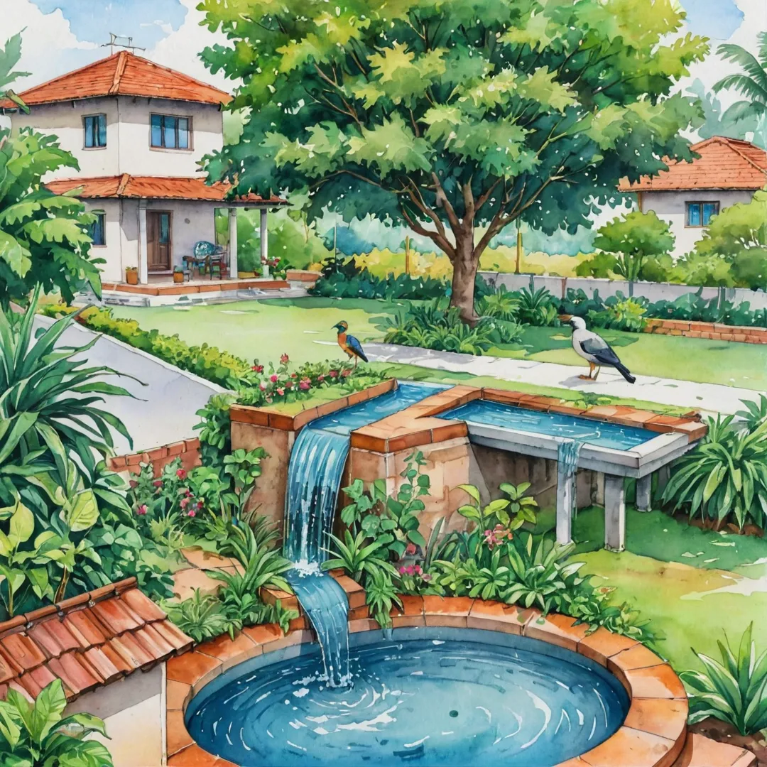 ender of a thriving ecosystem, groundwater table visible, sustainable housing development in the background, lush greenery, trees and plants flourishing, birds and animals inhabiting the area, rainwater harvesting system integrated seamlessly, healthy balance between urbanization and nature.