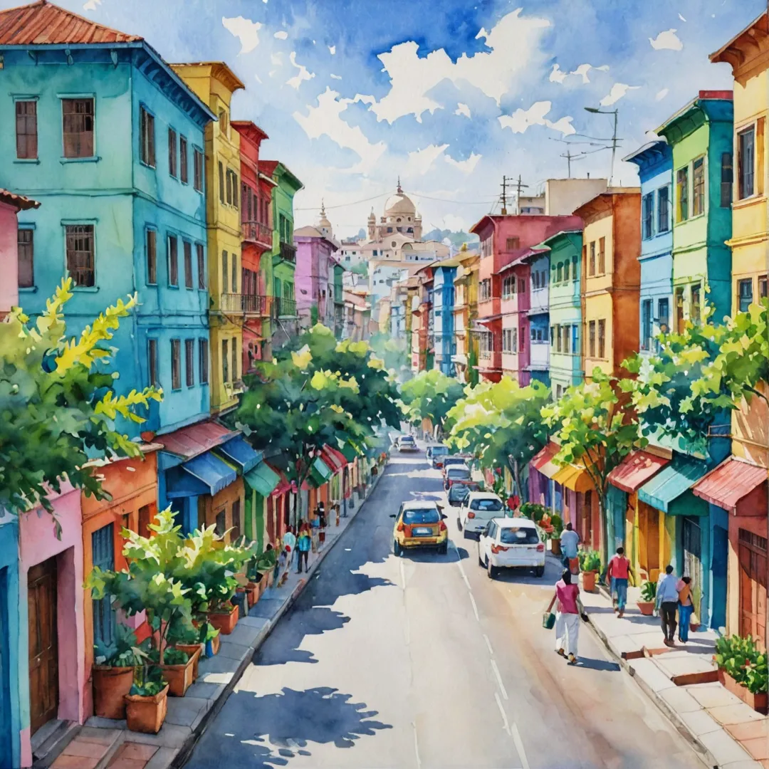 hoto of a vibrant neighborhood, bustling street scene, colorful buildings, greenery, modern infrastructure, people walking, happy families