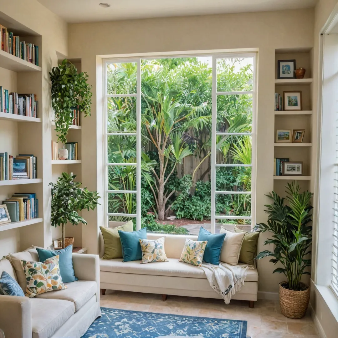 ozy reading nook, inviting atmosphere, comfortable seating, natural lighting, peaceful retreat, bookshelves, greenery, quiet corner, intellectual engagement, gated community, serene ambiance