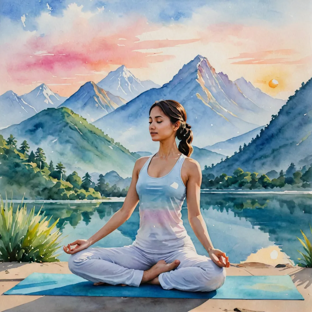 oman practicing yoga, serene environment, outdoors, mountain view, sunrise, calming colors, peaceful, zen