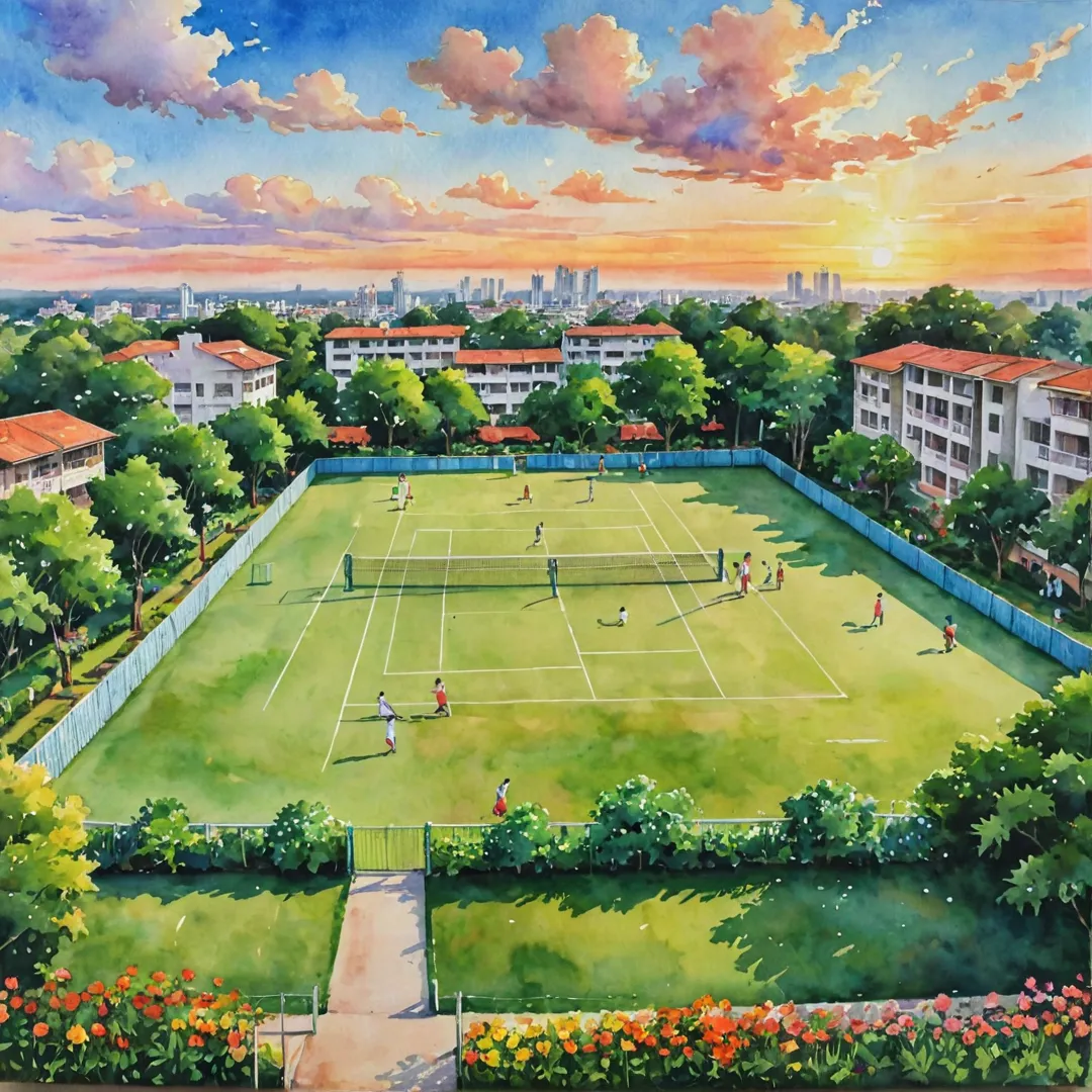 atercolor painting of a vibrant sports ground, filled with people playing various games like cricket, badminton and basketball, surrounded by lush greenery and colorful flowers, creating an inviting and joyous atmosphere. The sky above features fluffy clouds and the setting sun casting warm colors on the scene. In the background, one can see a modern residential community with well-designed buildings, emphasizing sustainability and community engagement.