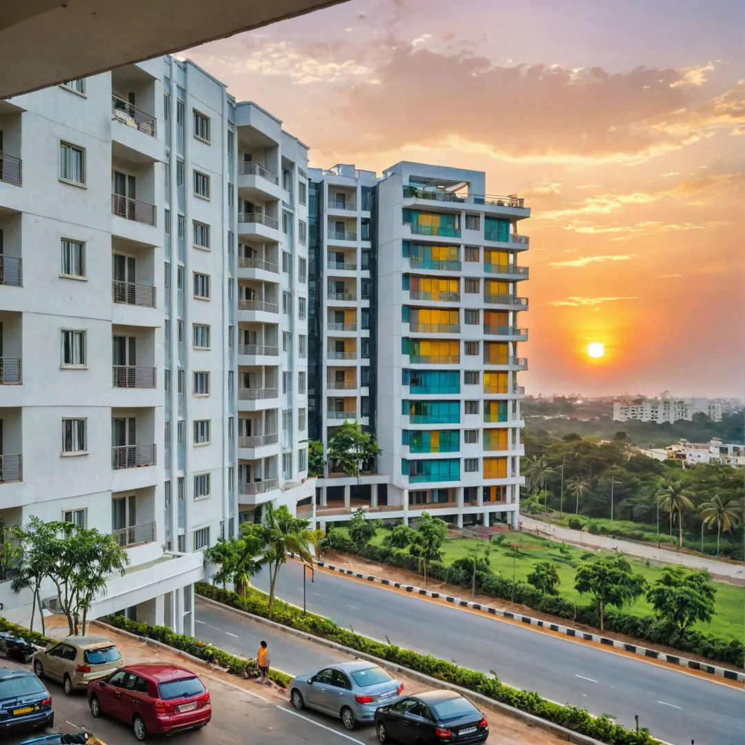 hoto of a modern luxury apartment building with large windows, overlooking the Bangalore Chennai Expressway, cars zooming past in the background, vibrant colors of sunset streaming through the windows, warm and inviting interior, plush furnishings, elegant decor.