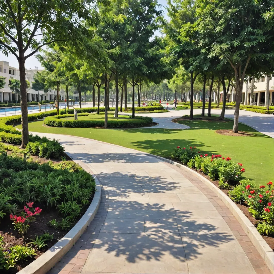 ibrant park landscape with modern amenities, residents socializing and enjoying nature. Well-designed walkways connecting various parts of the community, providing shade and seating areas for rest. A central clubhouse bustling with activity, offering state-of-the-art facilities such as a gym, party hall, swimming pool, and more.