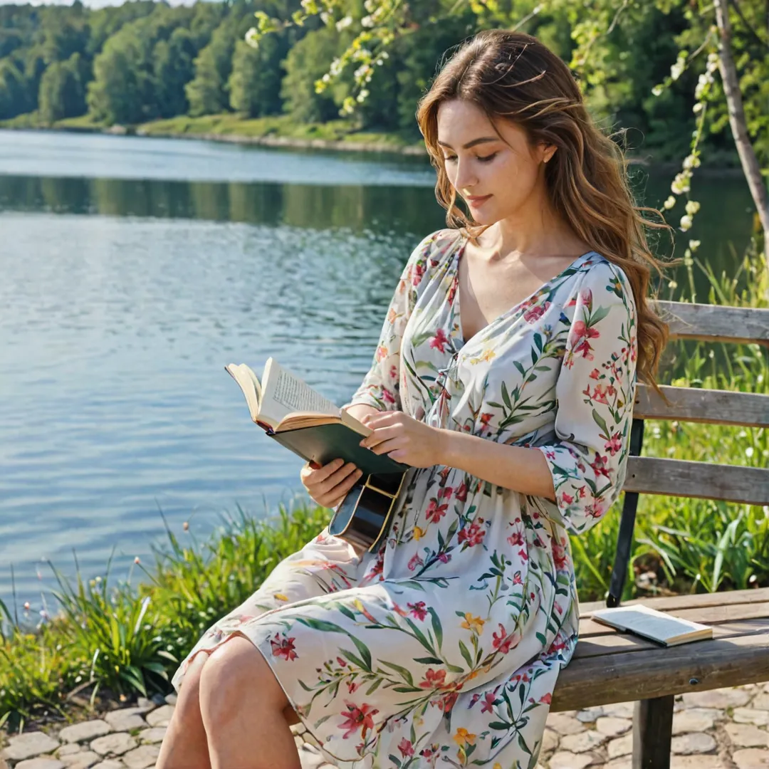 oman wearing a floral dress sits on a bench near a lake, her hair flowing in the wind. She holds an open book on her lap and looks content as she enjoys the serene scenery around her. In the background, a man plays guitar by the water's edge while children run and play nearby. The scene is bathed in warm sunlight, creating a peaceful and idyllic atmosphere.