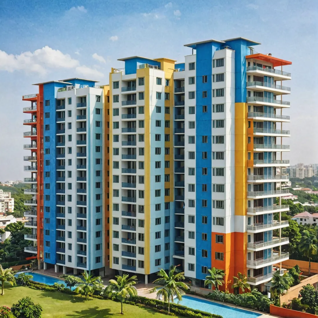 hoto of a modern apartment complex, sleek design, vibrant colors, Bangalore skyline, happy residents, Alita development