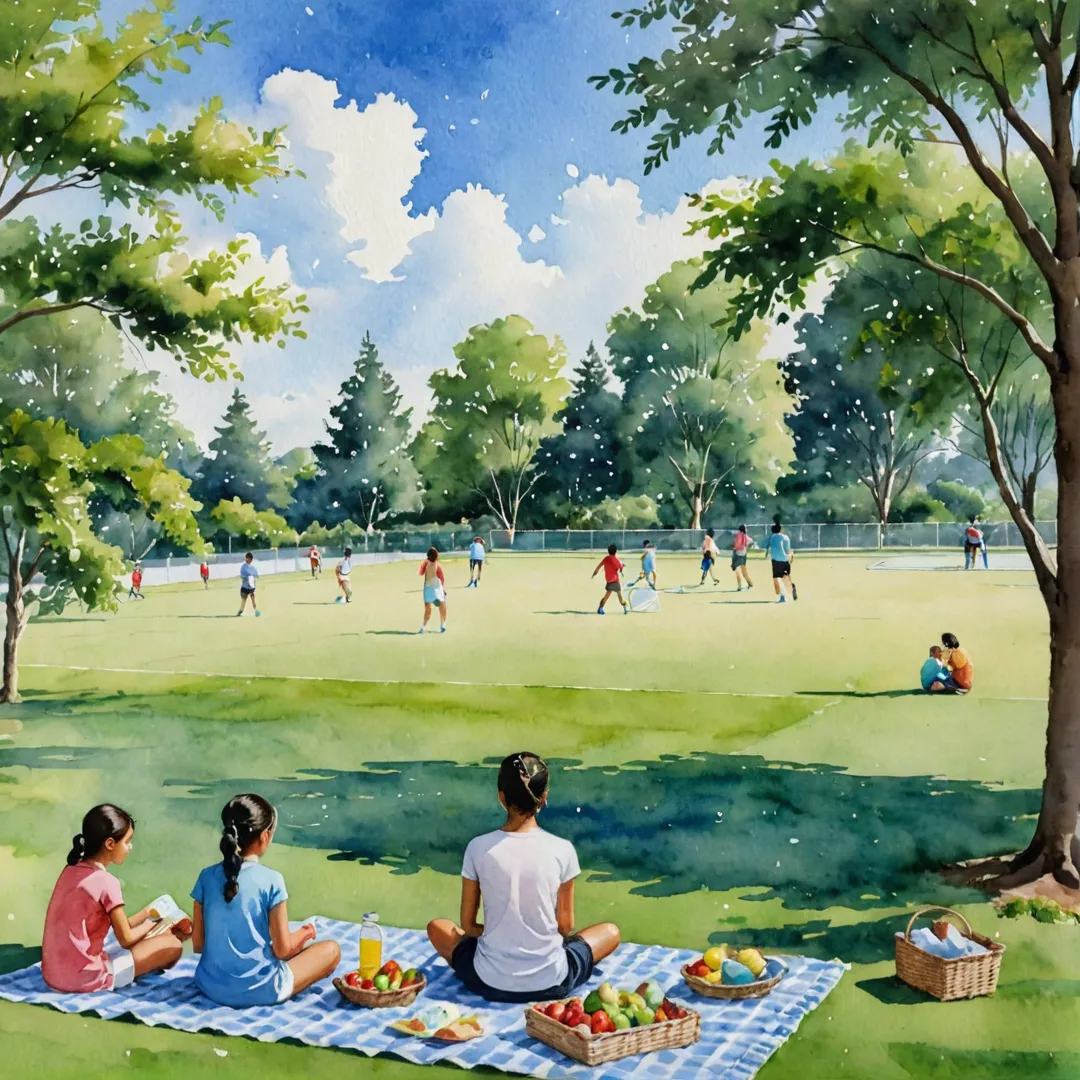 ater color painting of a family enjoying a picnic at Alita Sports Facilities, with children playing on the cricket pitch and parents relaxing on the grassy lawn. The background features lush greenery, a clear blue sky dotted with fluffy clouds, and beautifully manicured gardens in the distance. The image captures the essence of community, friendship, and outdoor recreation at Alita's serene sports complex.