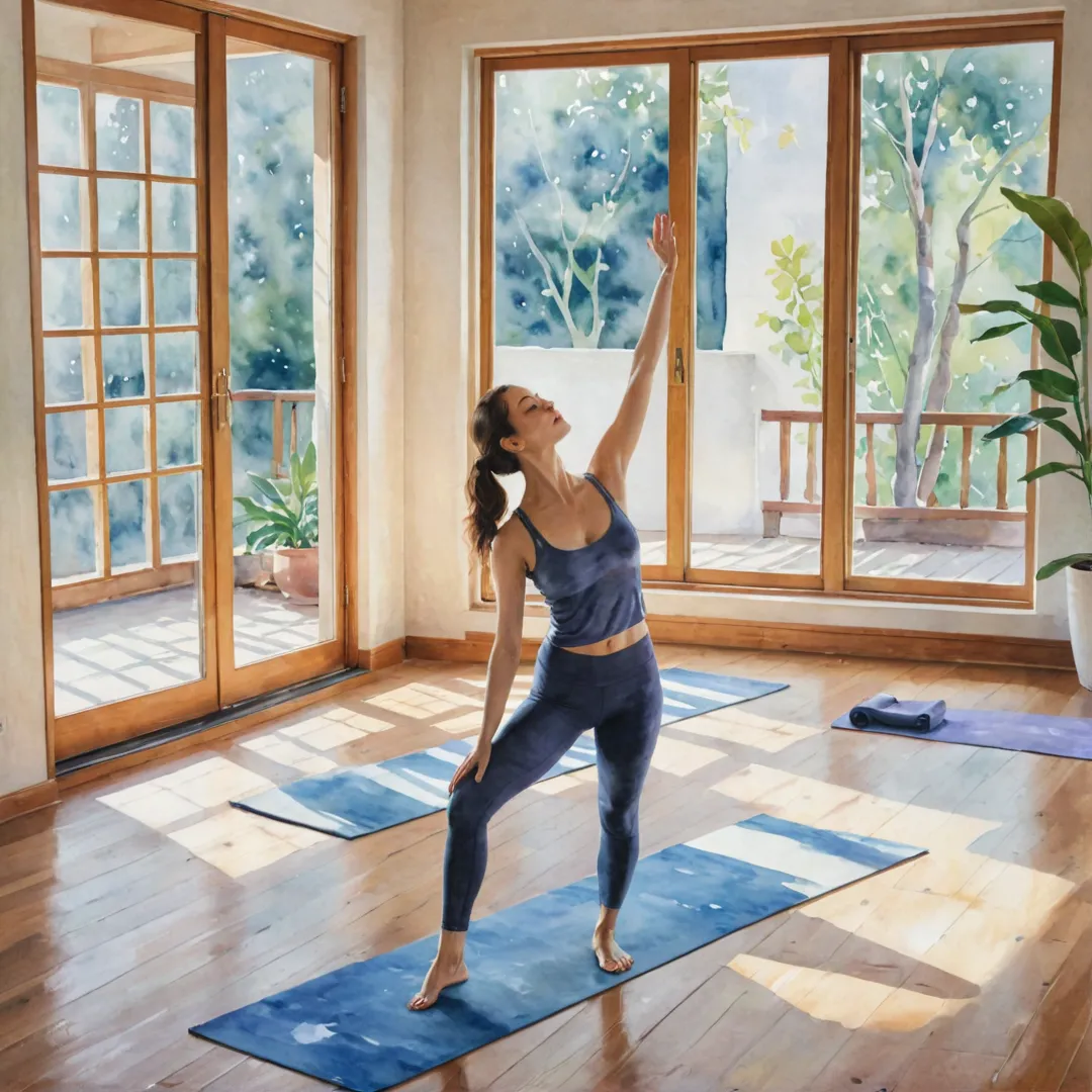 tercolor painting of a yoga studio, sunlit from windows, wooden floors, serene atmosphere, students in various poses, zen-like decor