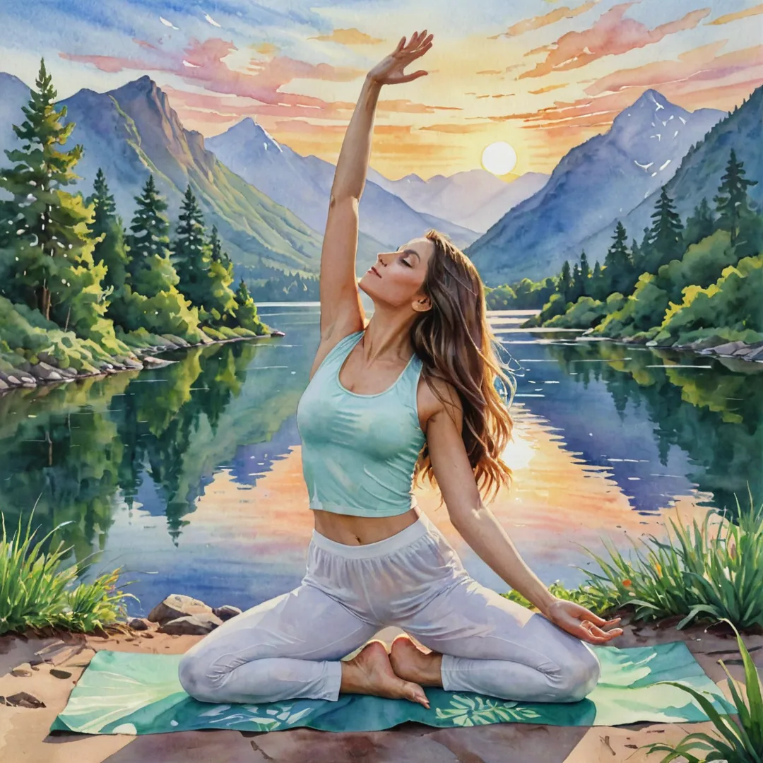  watercolor painting of a woman in yoga pose, hands and feet on the ground, back arched gracefully, head lifted towards the sky, long hair flowing in the wind. The background features lush greenery, a serene lake with ripples, and majestic mountains in the distance, all painted in soft pastel colors that evoke tranquility. The sun sets behind the horizon, casting warm golden light on the scene as birds fly overhead.