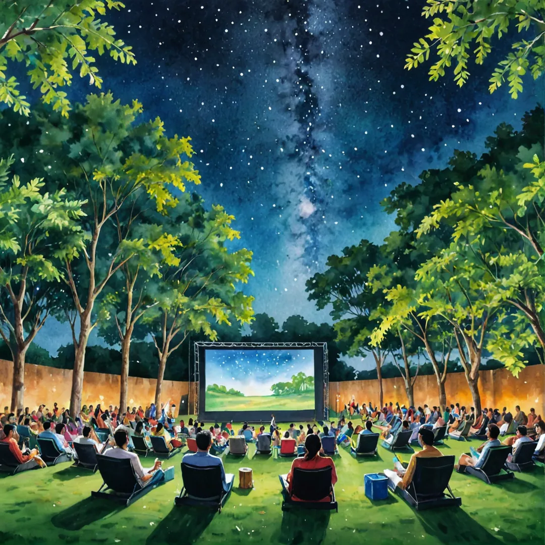 eople enjoying outdoor cinema experience under stars, surrounded by lush greenery and fresh air. Relaxed atmosphere, immersive entertainment, community engagement, cultural events, social gatherings, live performances, open-air theatre setting.