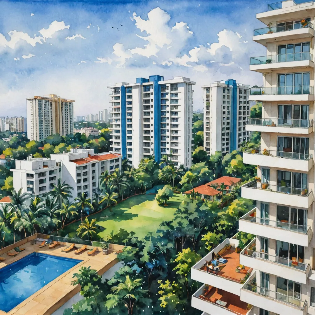 uxurious apartment view, Bangalore East skyline, vibrant colors, modern architecture, balcony scene, people enjoying the view, lifestyle, growth potential.