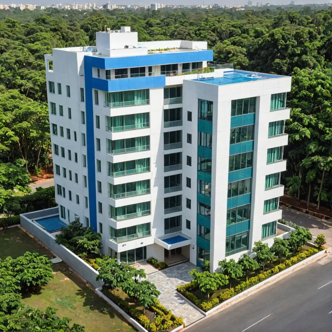 edical facility exterior, modern building, sleek design, glass facade, greenery, trees, landscaping, bangalore skyline, healthcare services, cutting-edge technology, skilled professionals, state-of-the-art infrastructure, top-notch care, affordable housing, peace of mind, proximity advantage