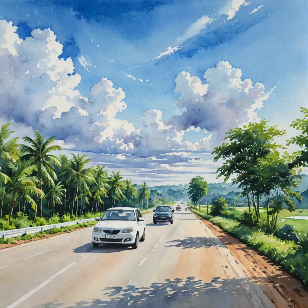 eople driving on a newly constructed road, with lush greenery visible alongside. The sky above is clear blue and filled with fluffy white clouds. The sun shines brightly, casting long shadows over the road and surrounding landscape.