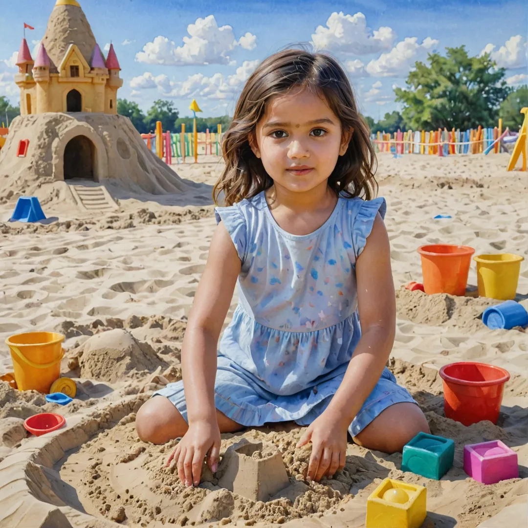 atercolor painting of a young girl playing with sand in the Alita sandpit, surrounded by colorful toys and play structures. The sky above her is painted with soft pastel colors, casting a warm glow over the scene. She is engrossed in building a sandcastle, her focus intense as she meticulously shapes the sand into walls and turrets. A sense of peace and joy emanates from this image, capturing the essence of childhood imagination and creativity within a safe and nurturing environment.