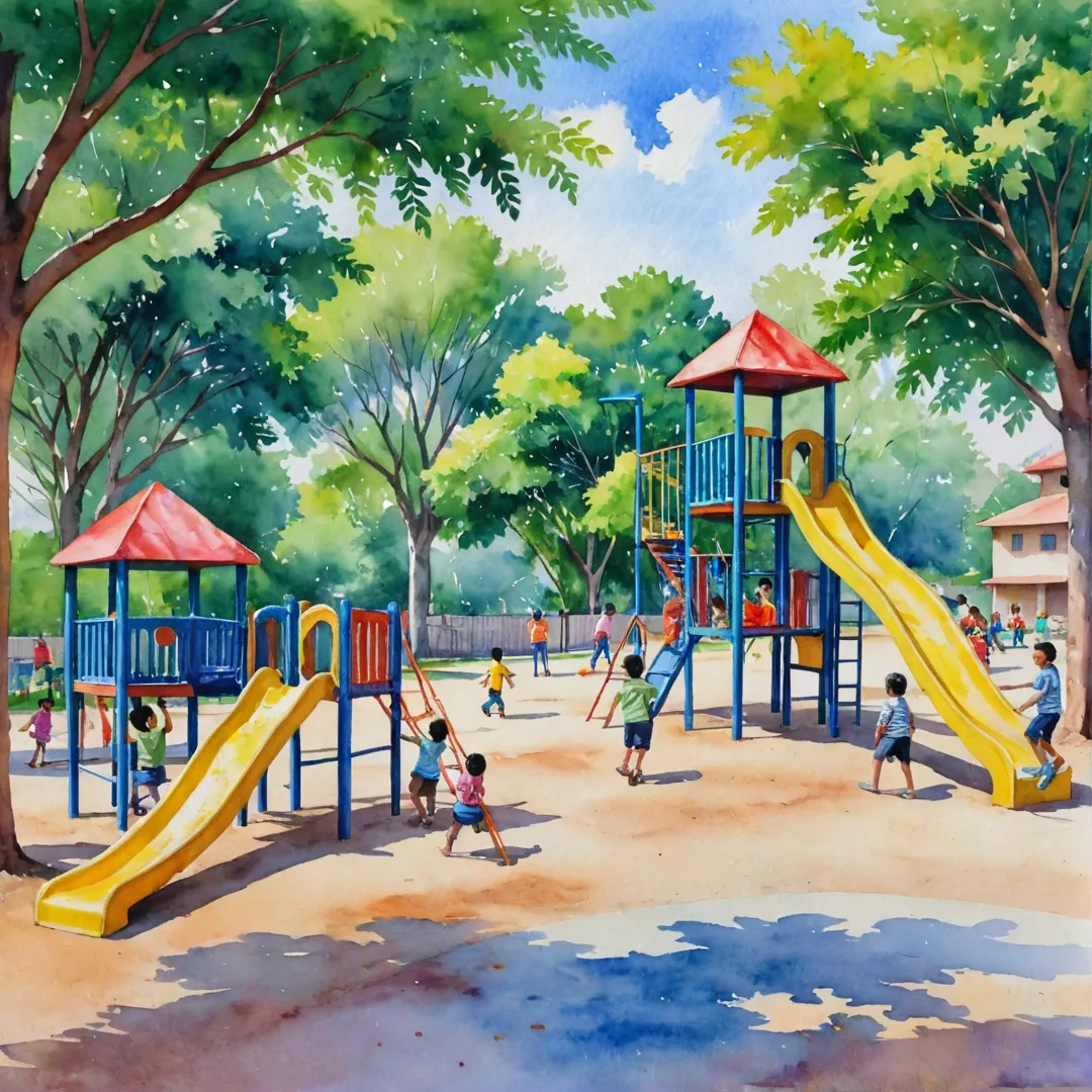 atercolor painting of a vibrant, colorful school playground with children playing various games under the shade of trees. The scene captures the joy and enthusiasm of young minds engaged in learning and growth, reflecting the article's theme of nurturing young talents through quality education nearby Alita residential area.