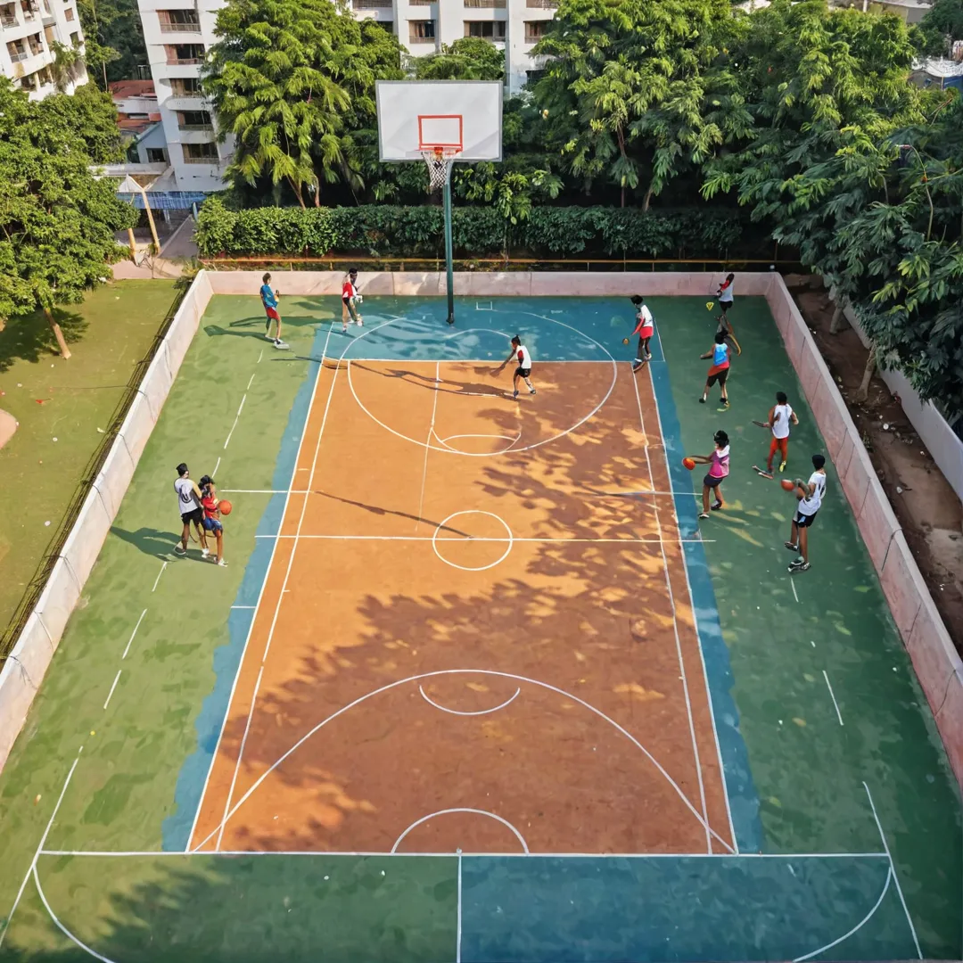 asketball court, open space, community, Bangalore East, physical fitness, teamwork, competition, social interaction, diverse activities, inclusive, evening lighting