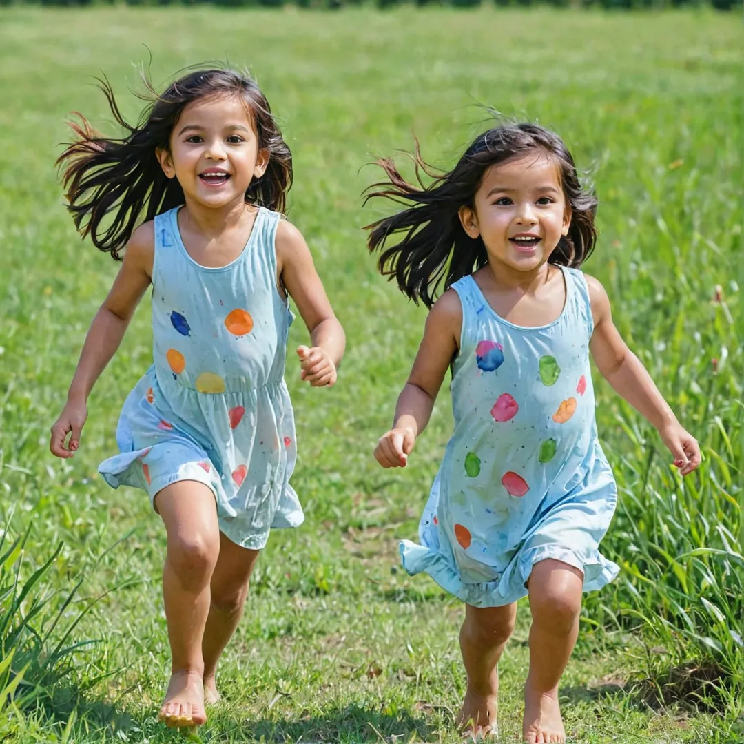 hildren playing in watercolor painting style, outdoor environment, grassy field, sunny day, joyful expression, running around, splashing water, laughter filling the air, bright colors, carefree moments, happy memories