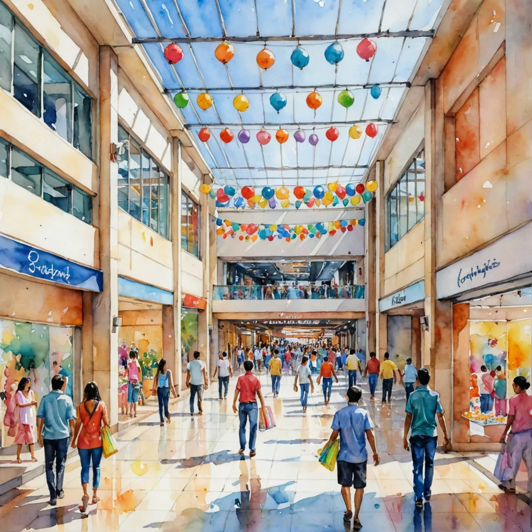 atercolor painting of a vibrant shopping mall entrance, bustling with activity, people walking in and out, colorful decorations hanging from the ceiling, sunlight streaming through glass doors, inviting atmosphere, Whitefield in the background, Bangalore East skyline visible.