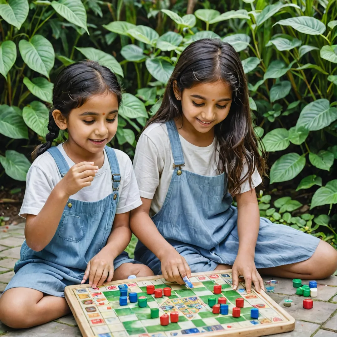 wo children playing board games outside in a watercolor painting style, surrounded by lush greenery and a serene ambiance. The scene showcases the joy of their interaction while fostering creativity and critical thinking skills through the gameplay.