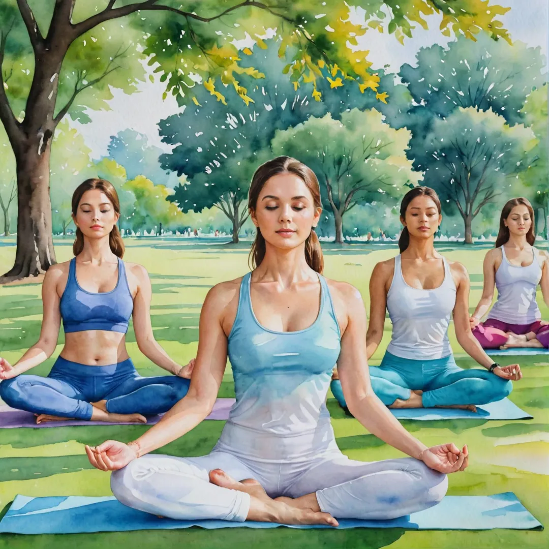 atercolor painting of a serene yoga session in the park, with vibrant colors representing nature, harmony, and peace. The instructor leads students through various poses while maintaining focus on their breath, creating an atmosphere of tranquility and relaxation.