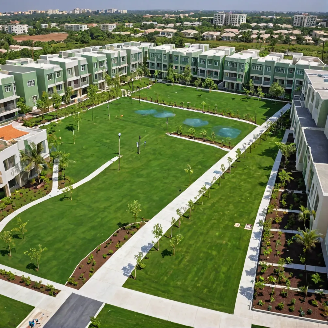 hoto of diverse housing plots with green spaces, strategic lighting and ventilation, stormwater management systems, integrated sustainability features, community interaction areas, modern landscape design, functional architecture.